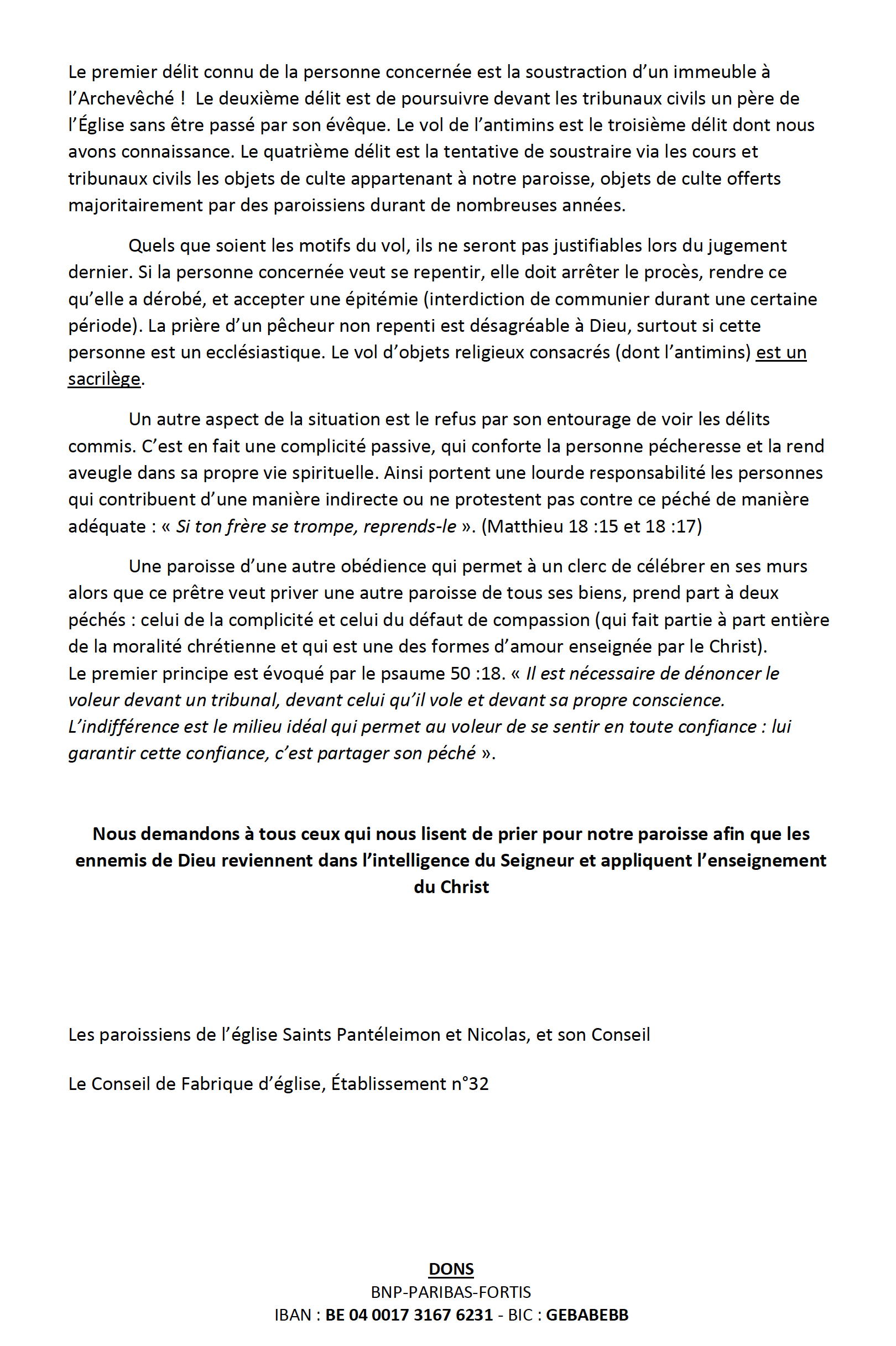 Tourelle. « Tu ne voleras point ». 01 Notre paroisse est confrontée à un événement sans précèdent. Son prêtre et ses paroissiens sont sujet à une persécution des temps modernes. 2024-11-07